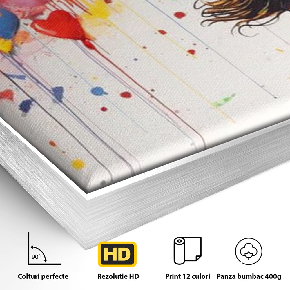 Detaliu al suprafetei: tablou canvas cu fetita si baloane inima, in rama de aluminiu argintiu